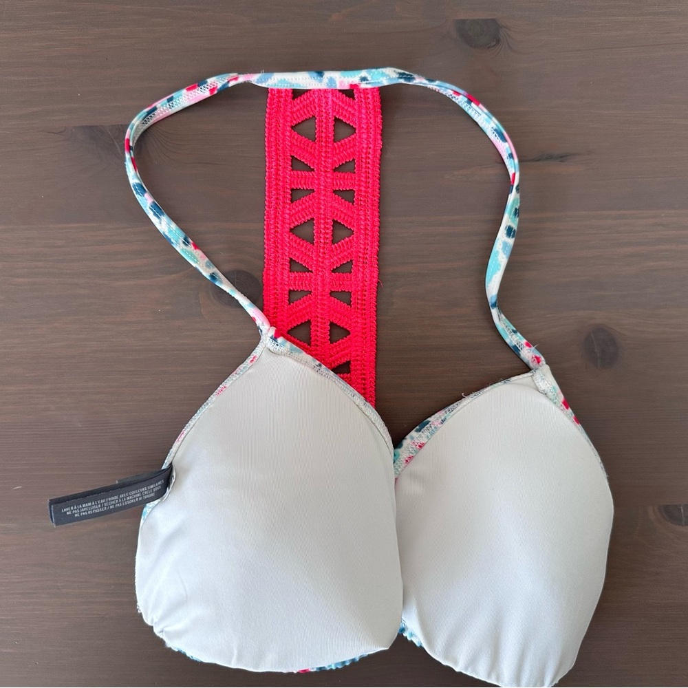 Aerie hot pink and mint Patterned Bikini Halter Top, sz M - Picture 4 of 6